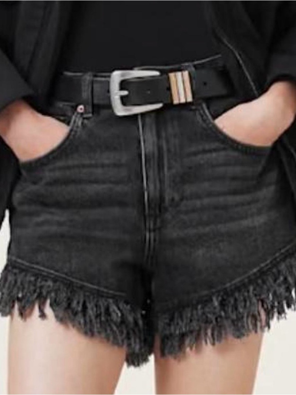 All Saints Black Fringed High-Rise Denim Shorts